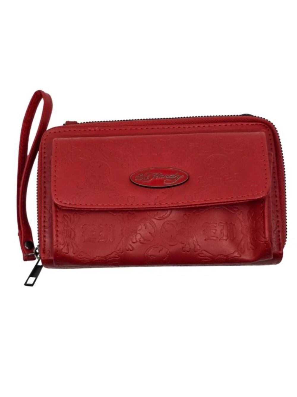 Ed Hardy Women's Red Embossed Faux Leather Zip Around Wallet w. Wrist Strap